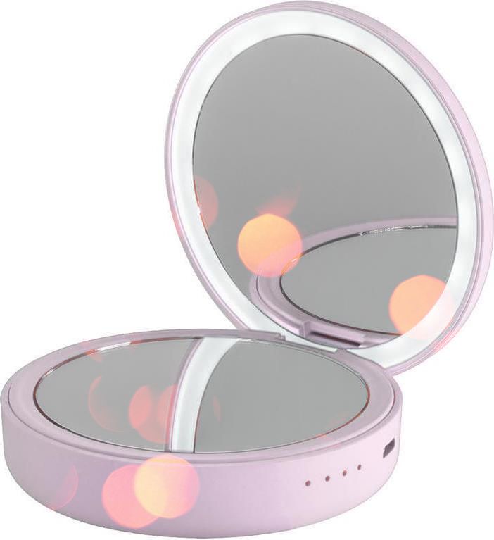 Външна Батерия с Осветено (LED) Огледало, 4SMARTS Power Bank Pocket Mirror 4000mAh, Розов