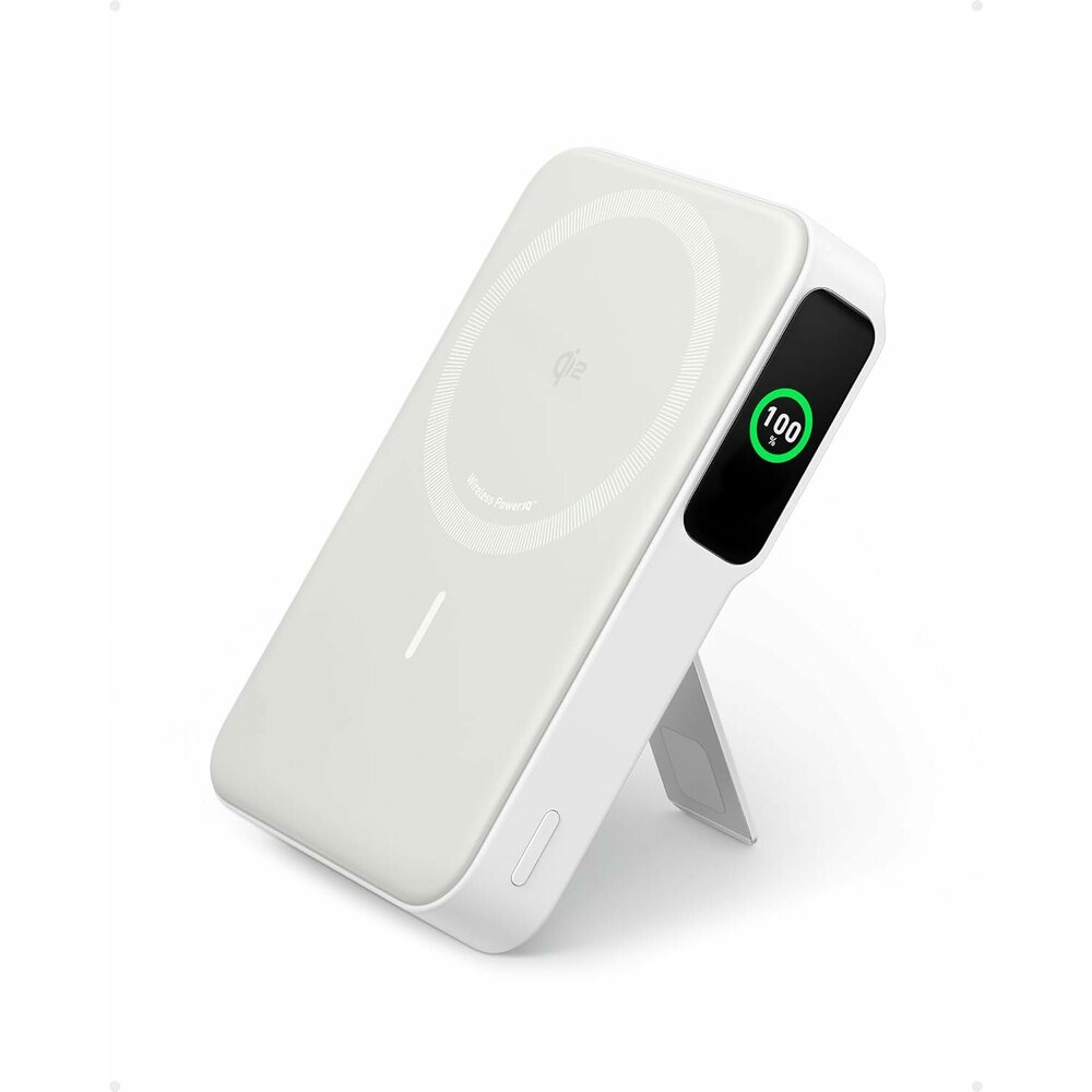 Anker MagGo 633 Qi2 10000 mAh външна батерия, с безжично зареждане, 15W, USB-C, стойка, Smart Display, MagSafe, бял