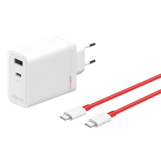 OnePlus 120W Dual Ports SuperVooc Adapter + Cable (Type-C + Type-A) - White