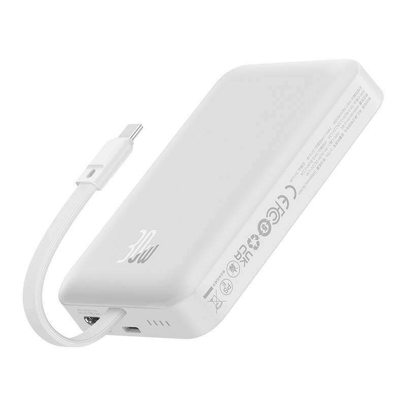 BASEUS Power Bank 10000 mAh 30W + вграден кабел: Type-C, Magnetic Mini Wireless /бял/ - P1002210B223-00